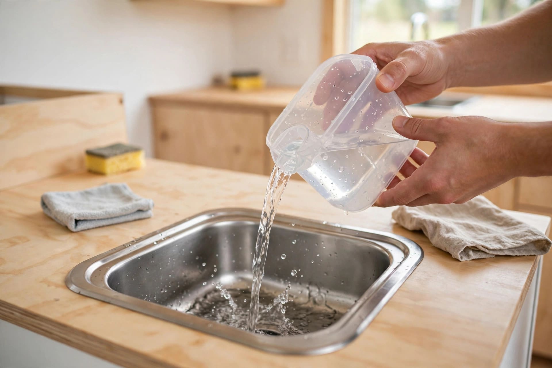 dehumidifier sizing: emptying a dehumidifier collection tank into a sink