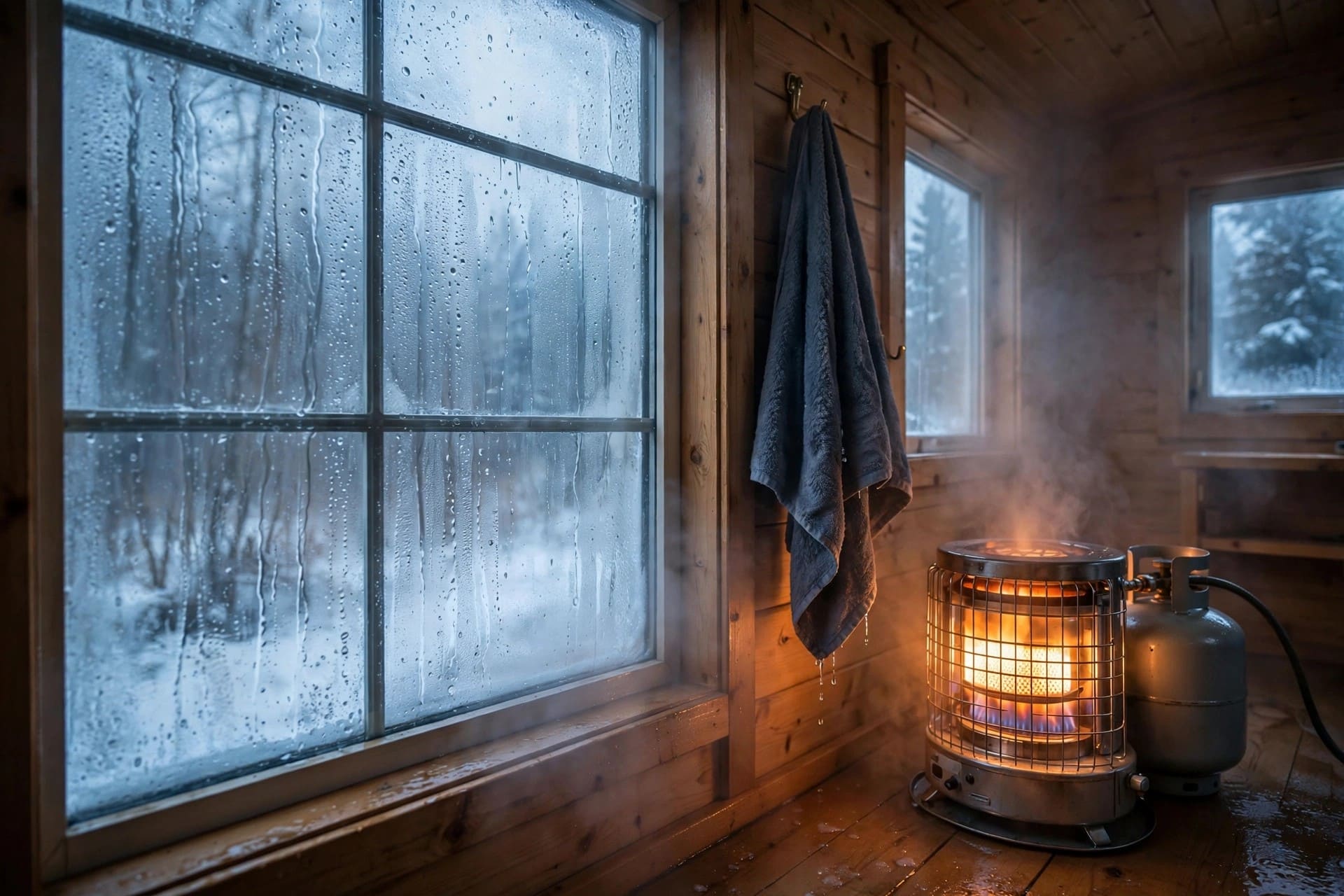 diesel heater ROI: condensation running down a tiny house window beside an unvented propane heater