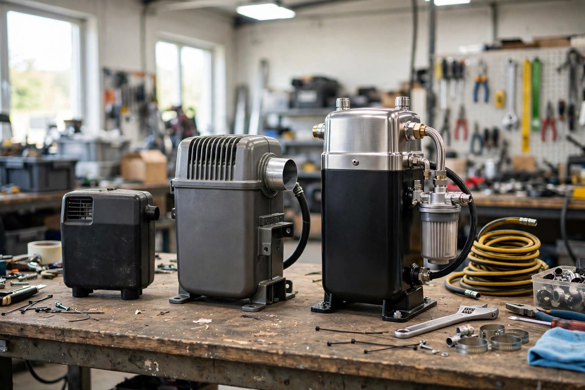 diesel heater ROI: three diesel parking heaters of different price tiers on a workbench