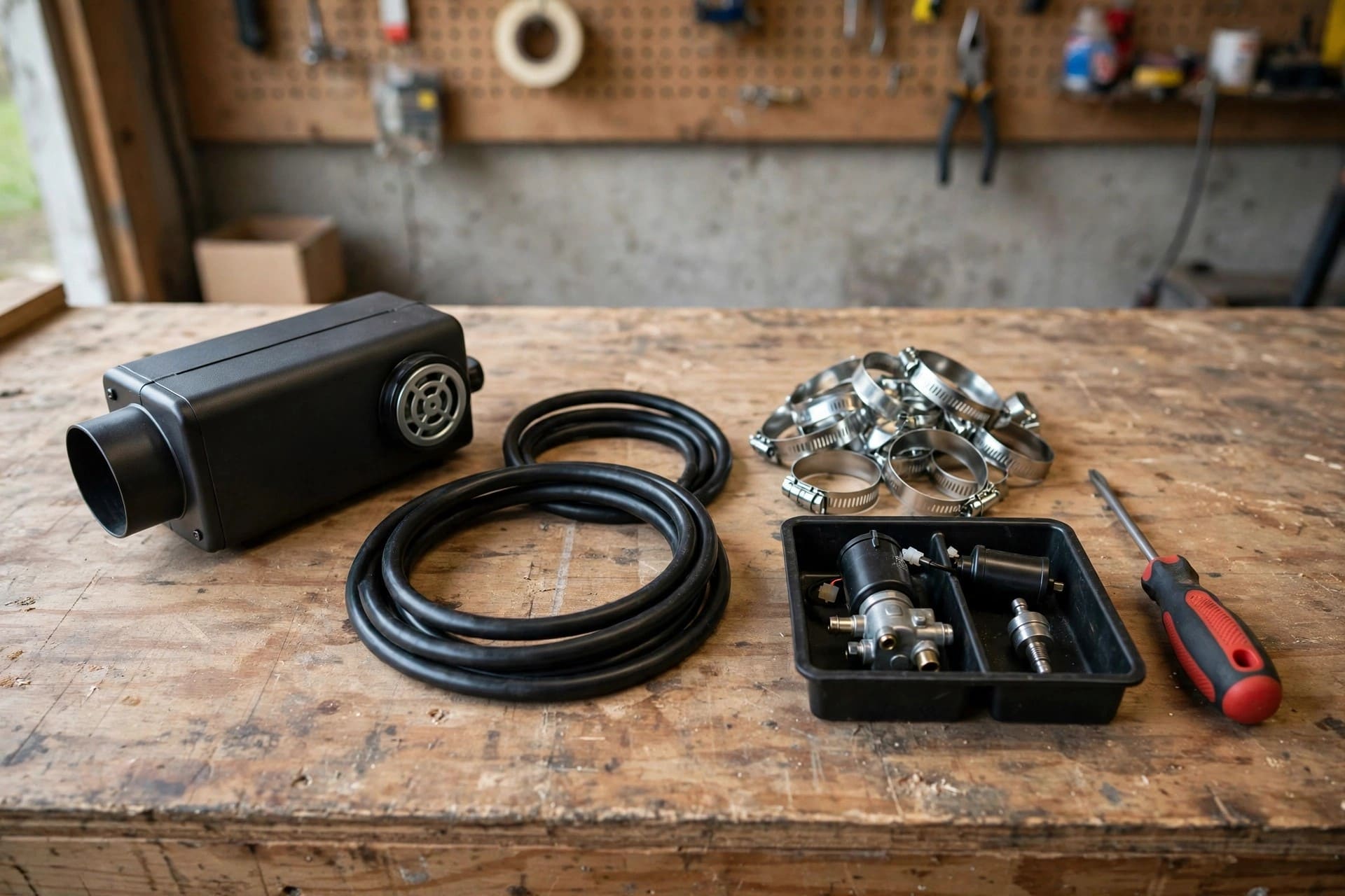 diesel heater ROI: a budget heater kit with new fuel lines, clamps and a spare glow plug