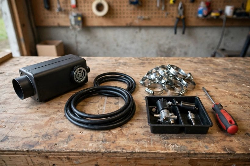 diesel heater ROI: a budget heater kit with new fuel lines, clamps and a spare glow plug