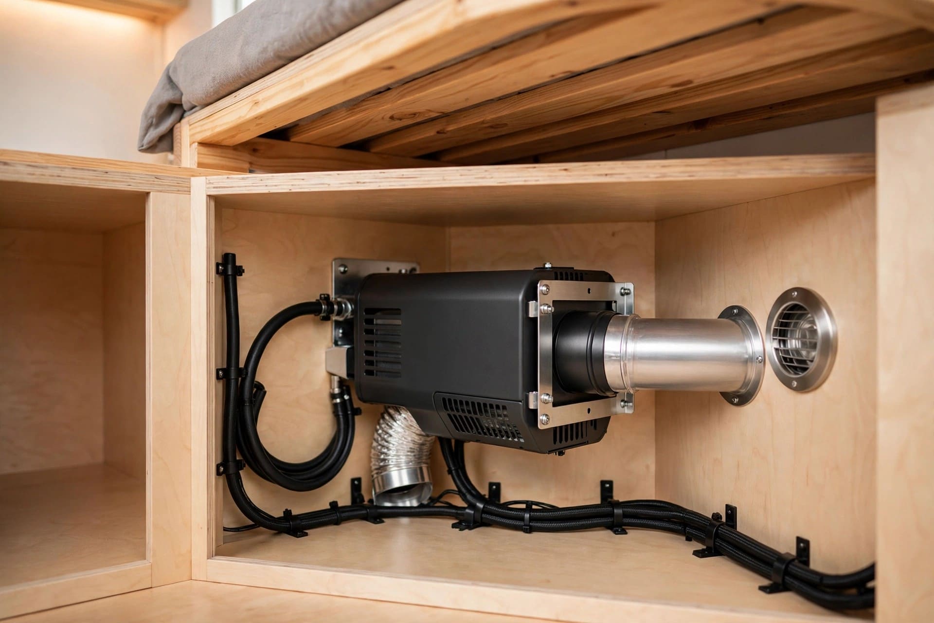 diesel heater ROI: a premium parking heater installed neatly under a bench seat