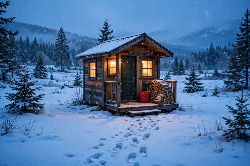 diesel heater ROI: a tiny house glowing warm in the snow at dusk