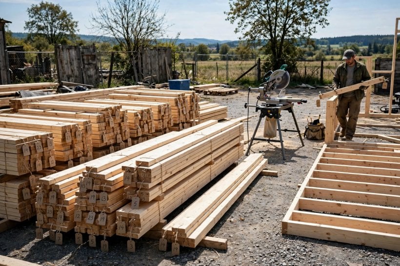 diy-friendly tiny house plans: numbered pre-cut lumber pieces stacked in order beside a miter saw for the kit cabin build