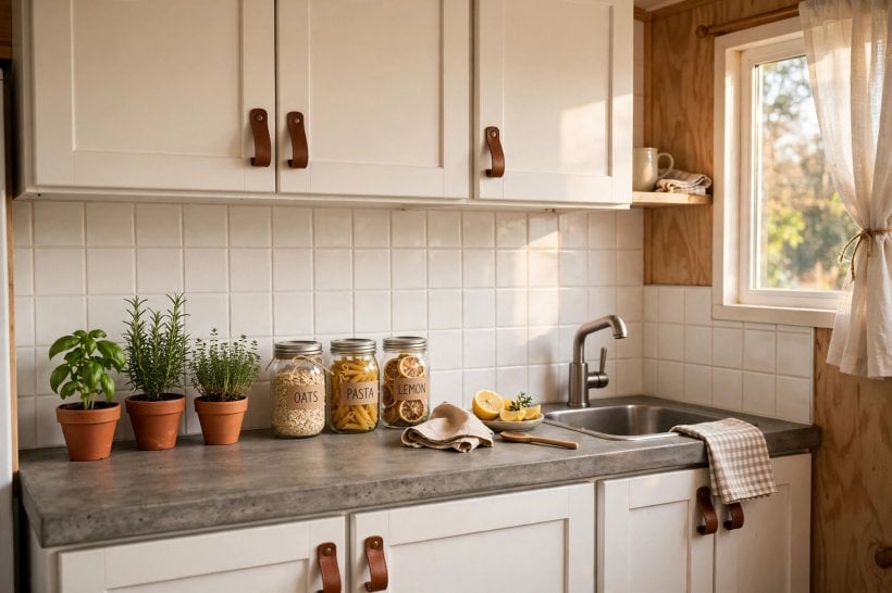 DIY home decor hacks: a tiny kitchen refreshed with leather pulls, a removable vinyl tile backsplash and a concrete-look countertop