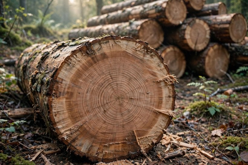 DIY Log Slicing: the clean end grain of a freshly felled hardwood log