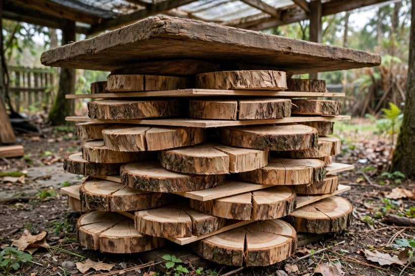 DIY Log Slicing: a stickered stack of sealed cookies drying slowly under weight