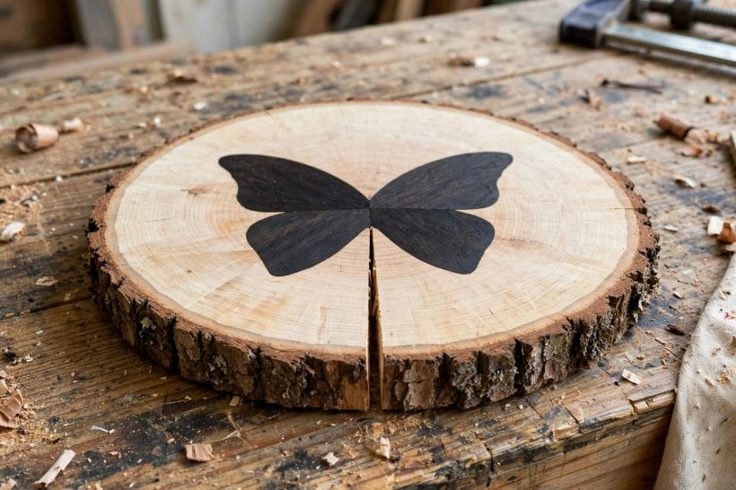 DIY Log Slicing: a relief kerf with a butterfly inlay across a large cookie