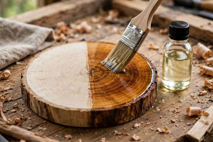 DIY Log Slicing: oil finish bringing out the grain on one half of a cookie