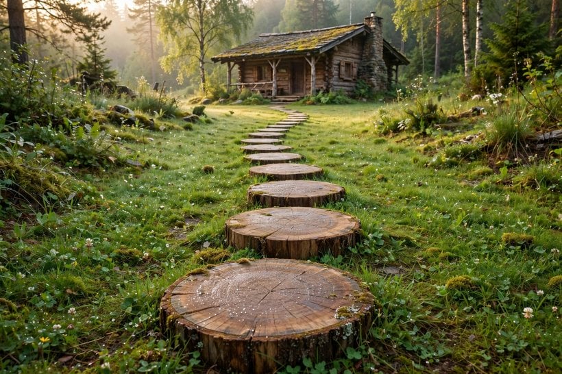 DIY Log Slicing: thick wood cookie stepping stones on a garden path
