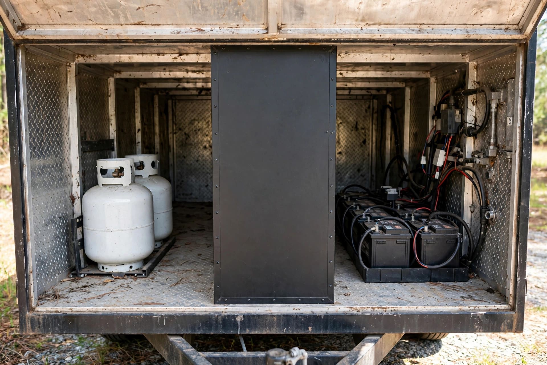 DIY tongue boxes: a sealed divider wall separating propane tanks from a battery bank