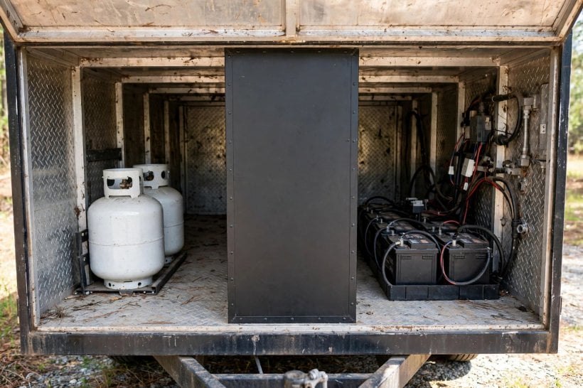 DIY tongue boxes: a sealed divider wall separating propane tanks from a battery bank