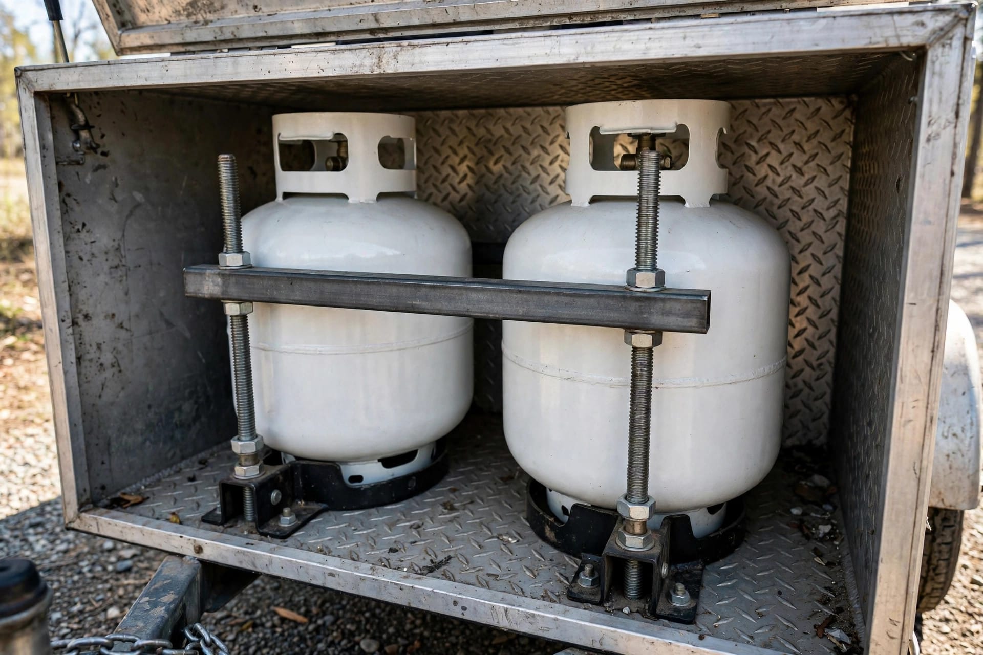 DIY tongue boxes: threaded rods and a cross-bar bolting twin propane tanks to the trailer frame