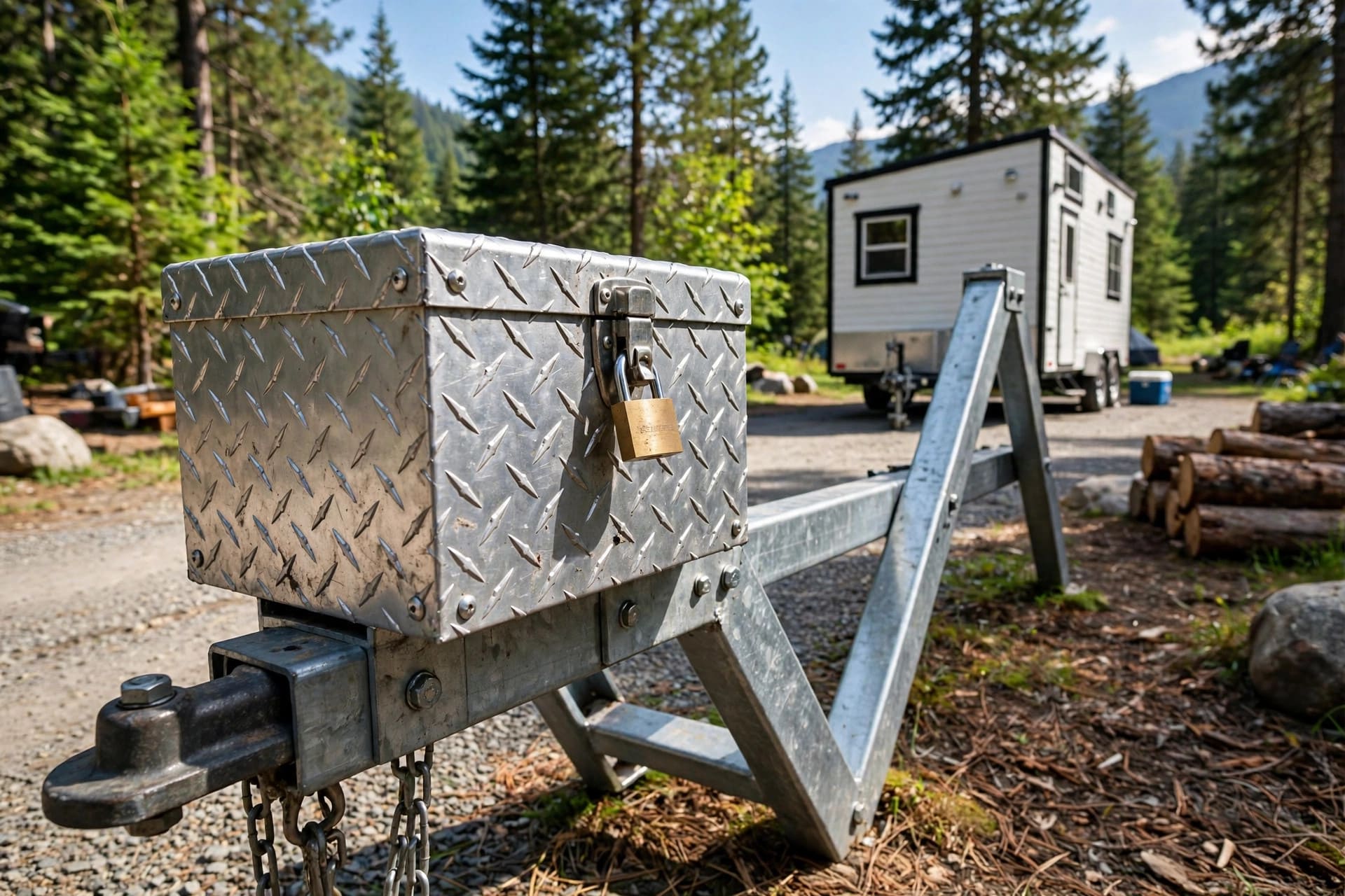 DIY tongue boxes: a diamond plate metal box bolted to the trailer tongue