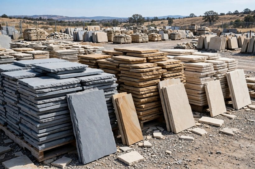 Dry-Stack Stone Path: pallet stacks of bluestone, sandstone and limestone flagstone at a stone yard