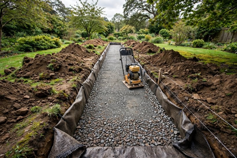 Dry-Stack Stone Path: excavated trench lined with woven geotextile and a compacted crushed-stone base