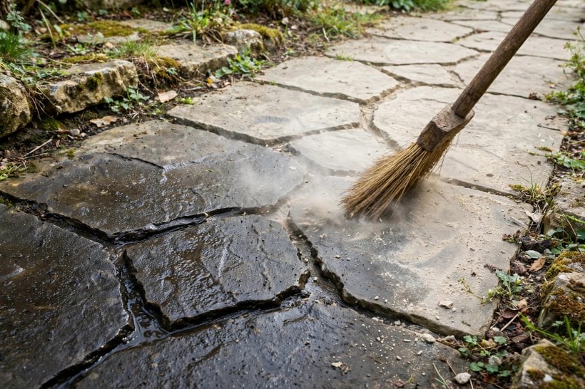 Dry-Stack Stone Path: sweeping stone dust into the joints between laid flagstones