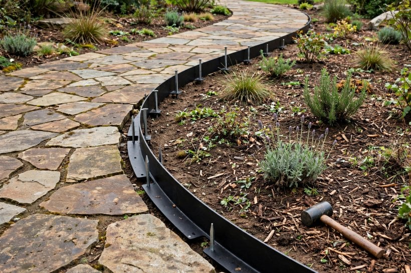 Dry-Stack Stone Path: staked steel edging holding the curved edge of a flagstone path