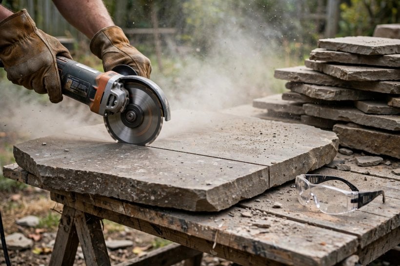 Dry-Stack Stone Path: scoring a flagstone with an angle grinder and diamond blade