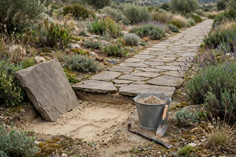 Dry-Stack Stone Path: a lifted flagstone beside its sand bed during a lift-and-reset repair