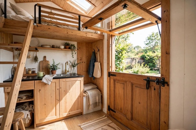 Dutch doors for tiny houses: the top leaf open over a latched bottom leaf in a tiny house entry