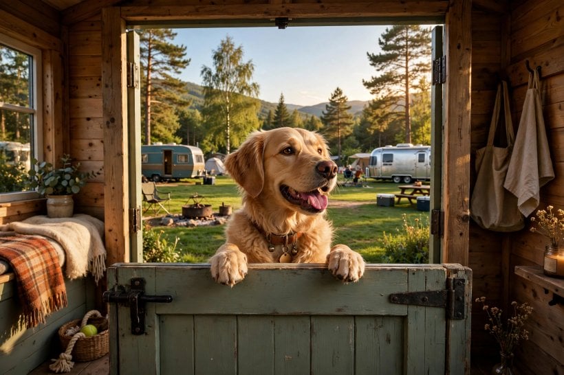 Dutch doors for tiny houses: a dog watching the campground from behind the latched bottom leaf