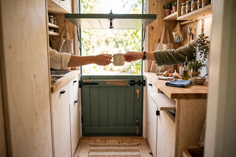 Dutch doors for tiny houses: the open top leaf clearing a kitchen counter beside the entry
