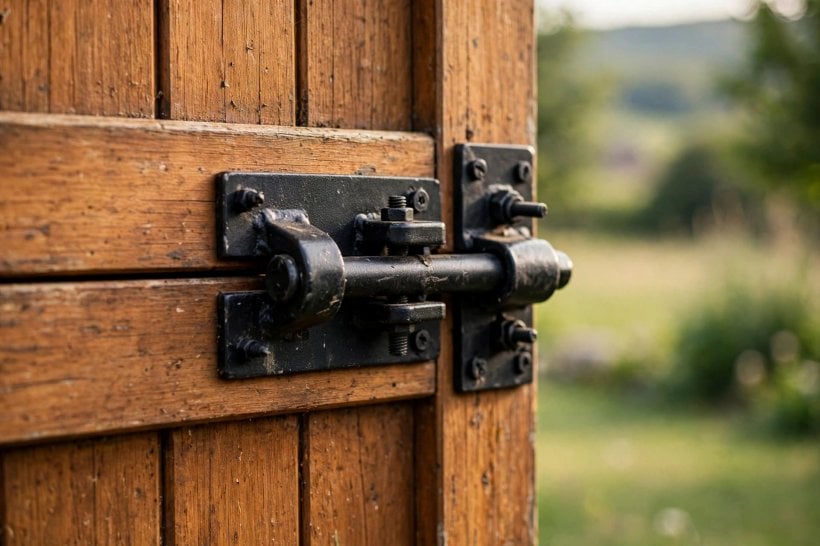 Dutch doors for tiny houses: a heavy surface bolt locking the two leaves together for travel
