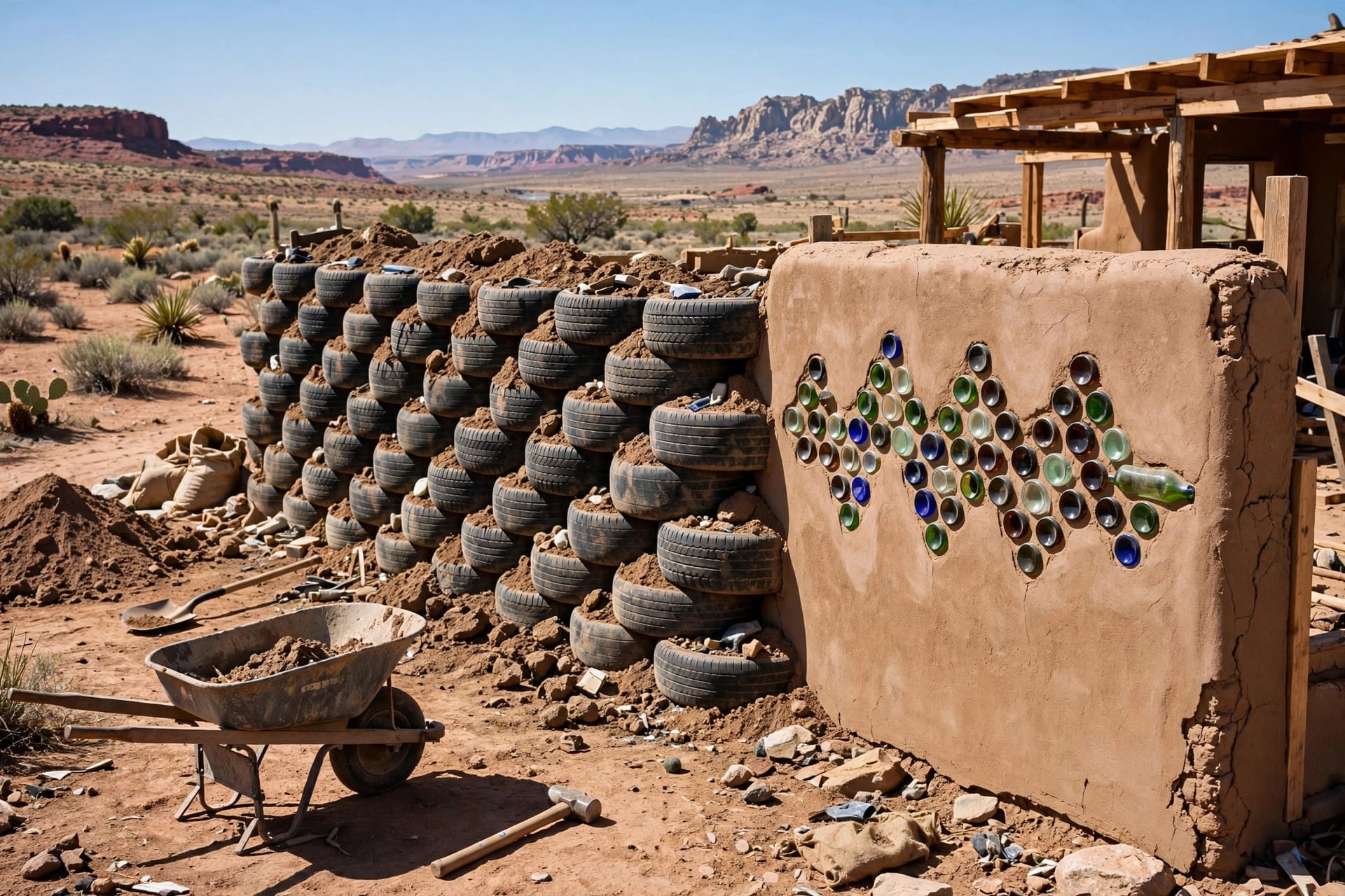 Earthship homes: a tire-and-earth wall under construction beside a bottle wall