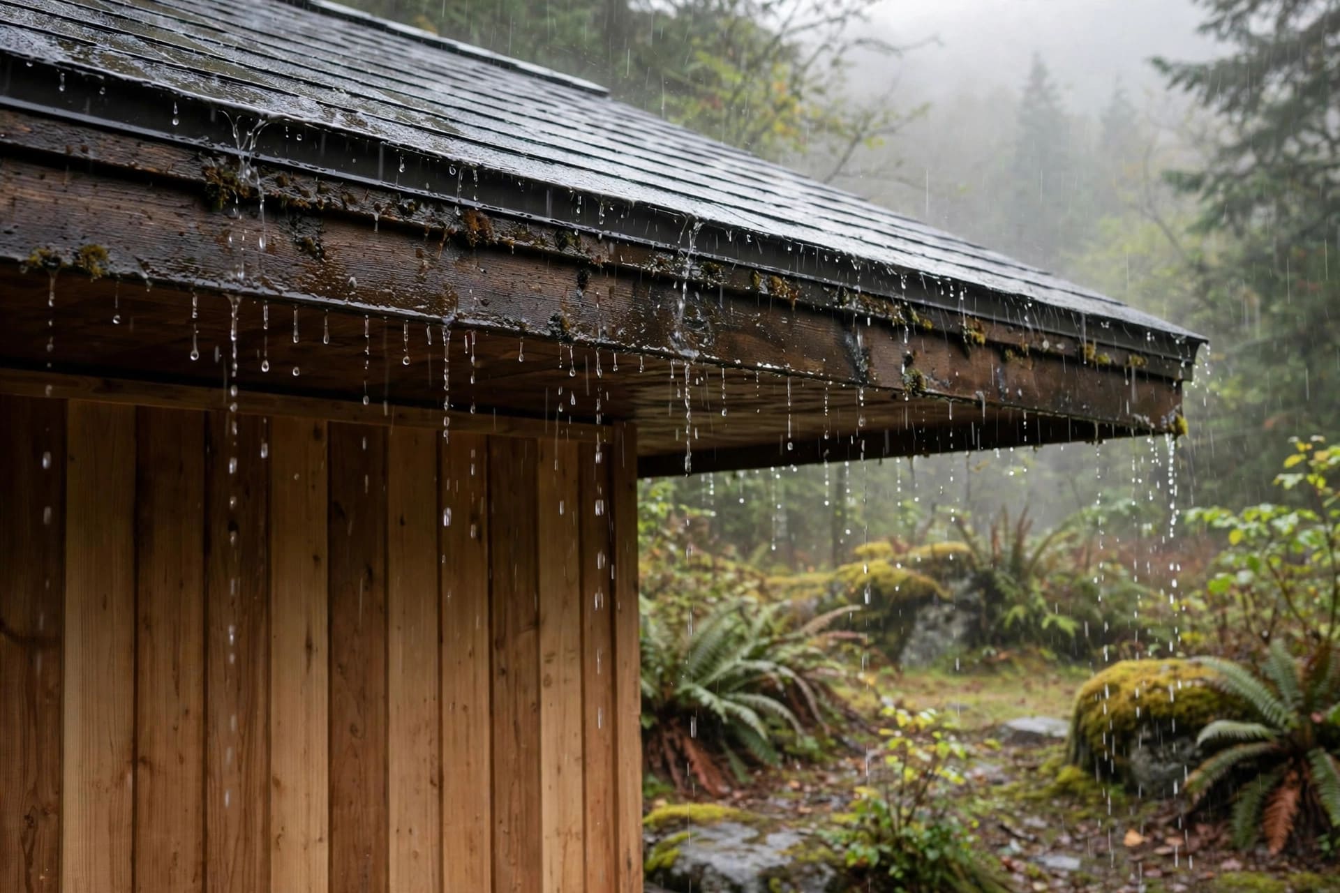 eaves and overhangs: rain shedding off a deep eave, clear of the cedar siding