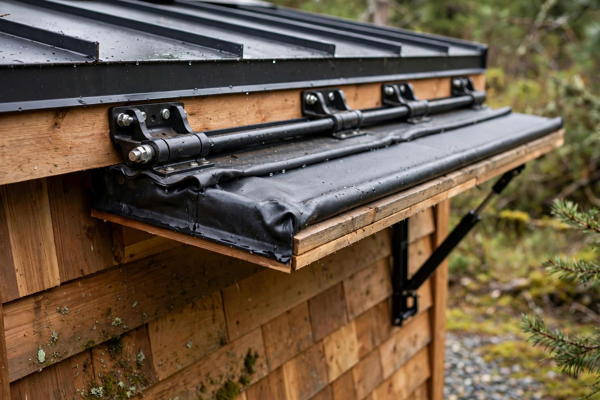 eaves and overhangs: a hinged drop-down eave with an EPDM flashing flap over the seam