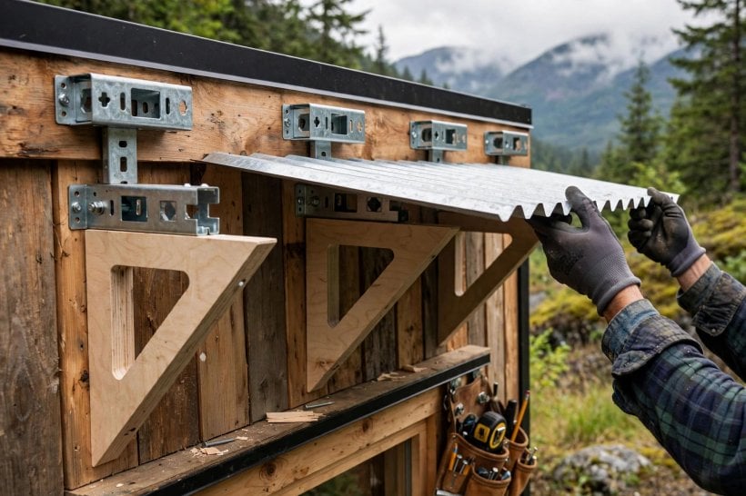 eaves and overhangs: detachable triangular brackets carrying corrugated metal panels