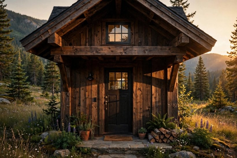 eaves and overhangs: deep gable end overhangs sheltering the entry door and loft window