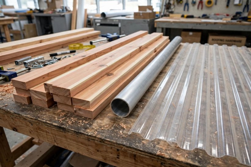eaves and overhangs: lightweight cedar framing, aluminium tubing and polycarbonate sheet