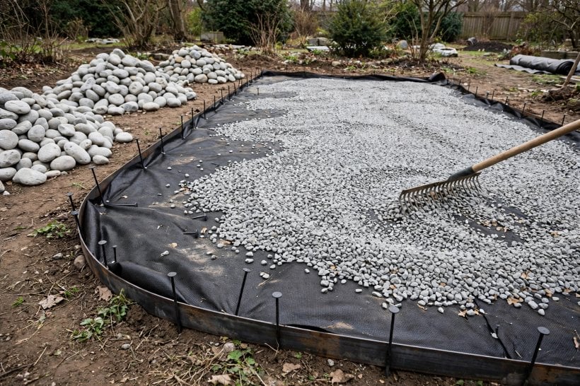 Eco-Friendly Weed Control for Rock Gardens: woven geotextile under a deep layer of washed gravel