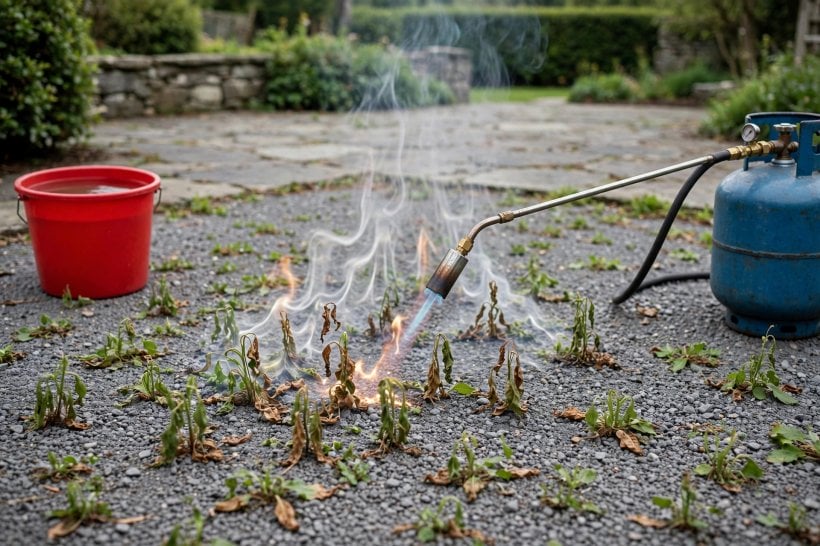 Eco-Friendly Weed Control for Rock Gardens: flame weeder wilting weeds on a gravel path