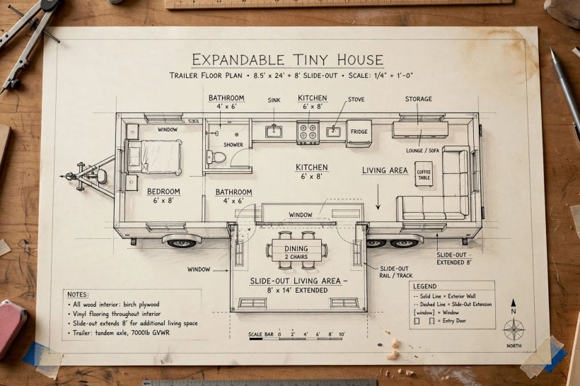 expandable tiny house floor plans: top-down floor plan with the slide-out extended