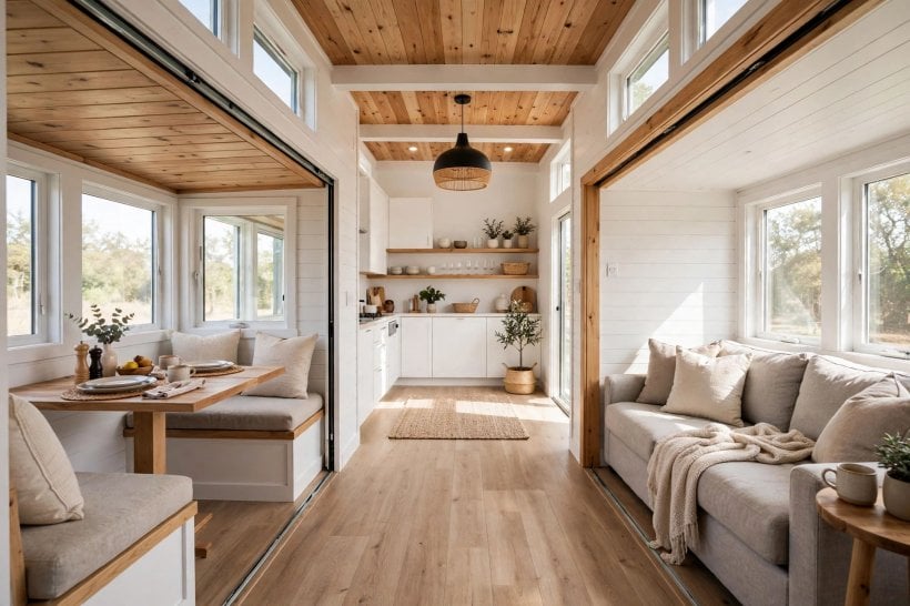 expandable tiny house floor plans: great room widened by opposing slide-outs on both walls