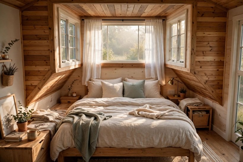 expandable tiny house floor plans: tip-out bedroom wall giving walk-around space at the bed