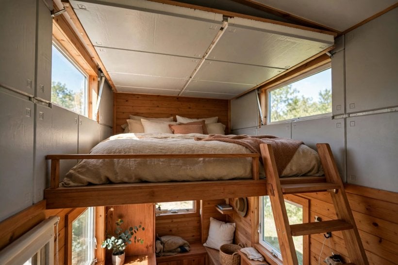 expandable tiny house floor plans: standing-height sleeping loft under a raised pop-up roof