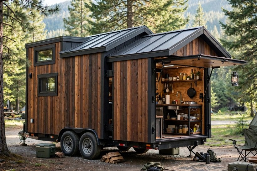 expandable tiny house floor plans: self-contained kitchen pod swung out from the side wall