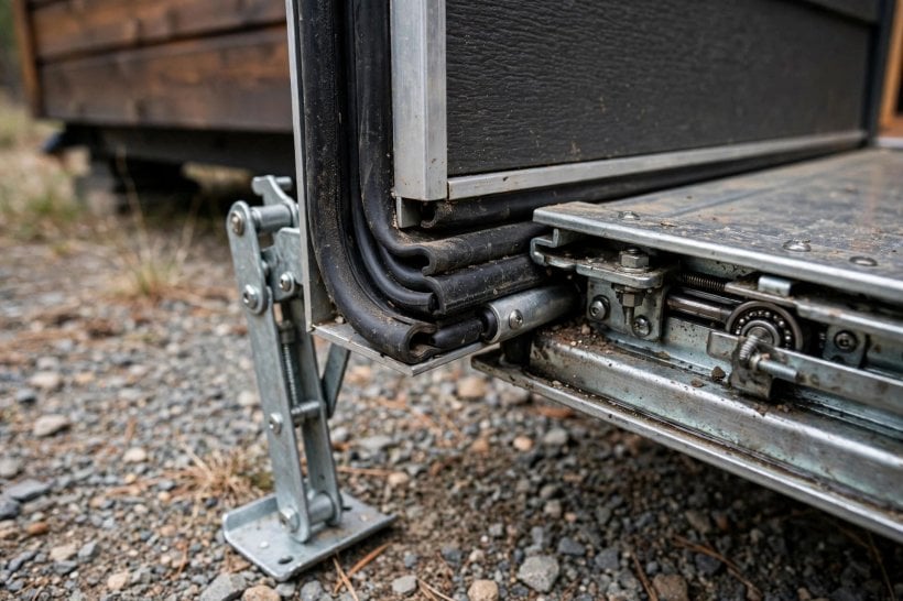 expandable tiny house floor plans: slide-out wiper and bulb seals with an outrigger stabilizer