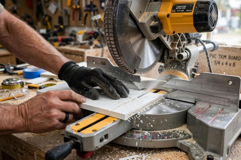 Exterior Trim Materials: cutting a cellular PVC trim board on a mitre saw