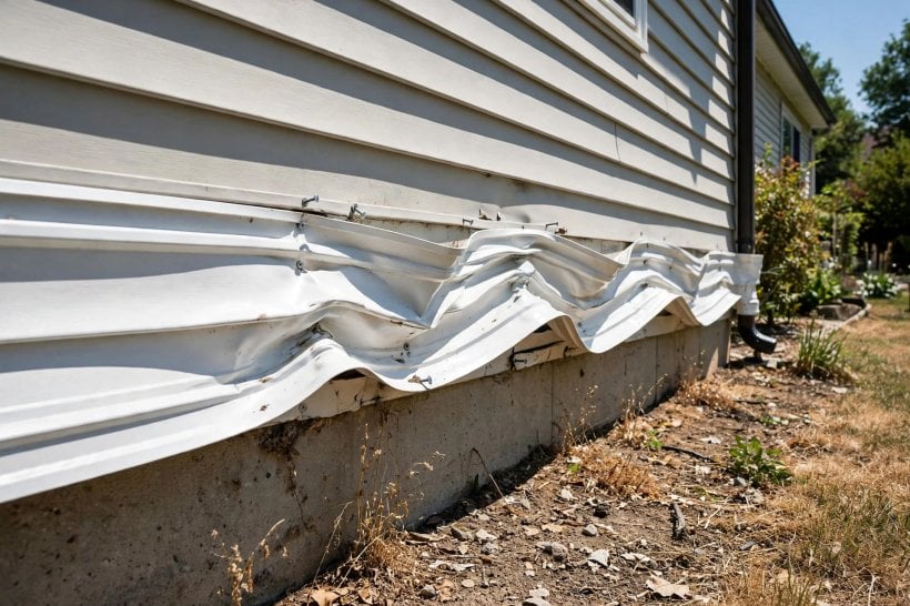 Exterior Trim Materials: a PVC trim board buckled by thermal expansion in the sun