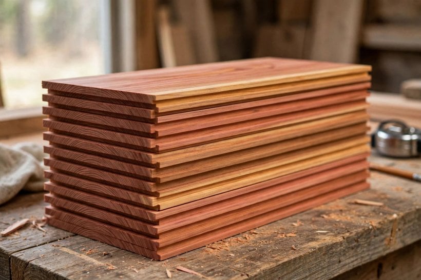 Exterior Trim Materials: clear knot-free cedar trim boards with natural grain