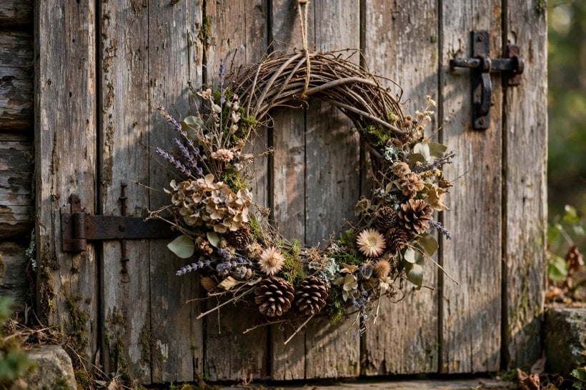Fallen Limb Crafts: a twig wreath dressed with dried flowers and pinecones on a cabin door