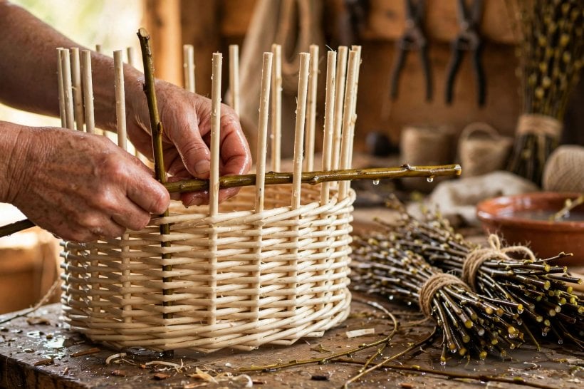Fallen Limb Crafts: hands weaving a willow basket in the stake-and-strand pattern