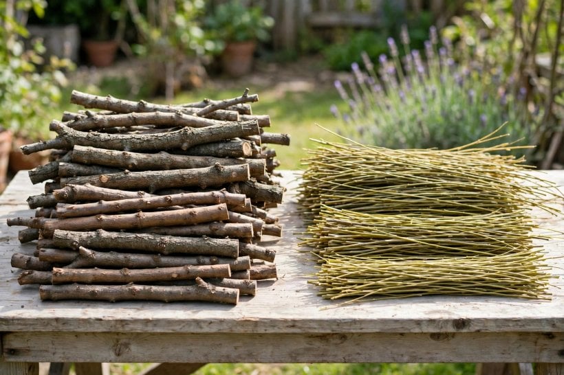 Fallen Limb Crafts: sorted branches — dense hardwood limbs beside flexible willow whips