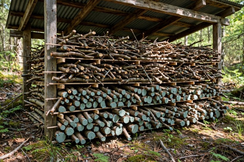Fallen Limb Crafts: branches stickered under cover to dry, their cut ends sealed