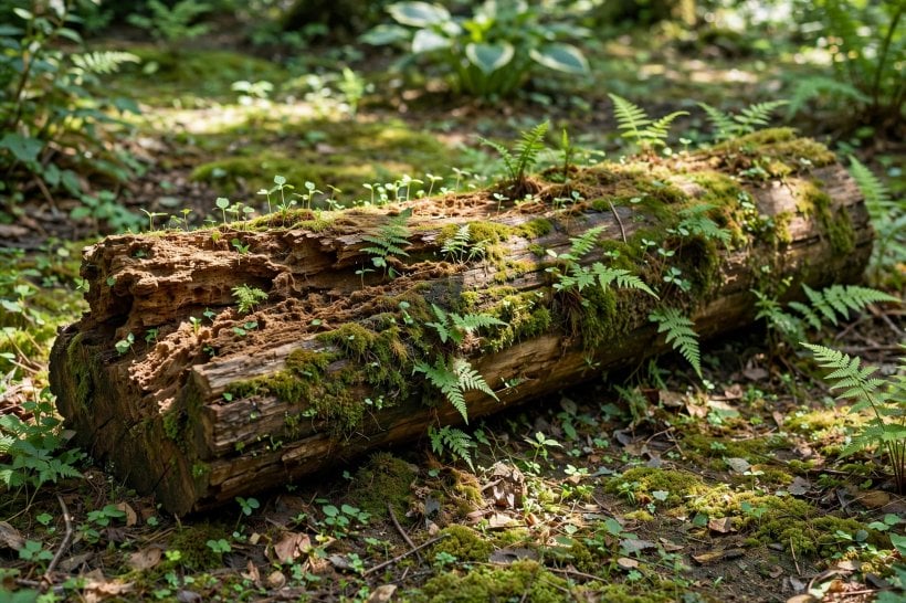 fallen log landscaping: a thick cedar log softening in a shade bed with seedlings sprouting along it